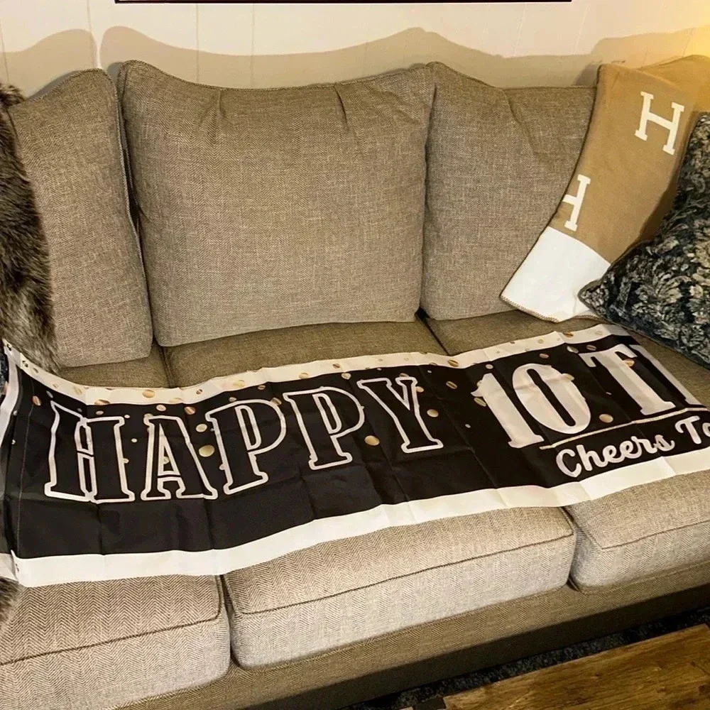 happy 10th birthday party celebration hanging plastic banner black/white/gold